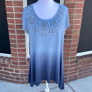 Blue Ombre Stud Embellished Short Sleeve Tunic